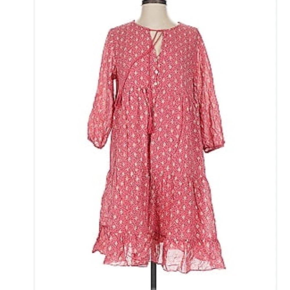 Scandal Italy Ordell Lurex Diamond Print Tiered Boho Mini Dress Long SL M Pink